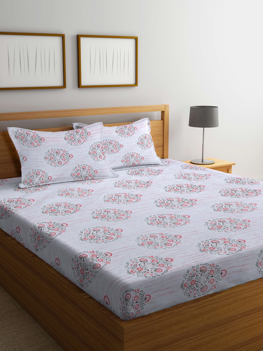 KLOTTHE White Floral Cotton 300 TC Fitted Super King Fine Bedsheet with 2 Pillow Covers-106 x 106 inches