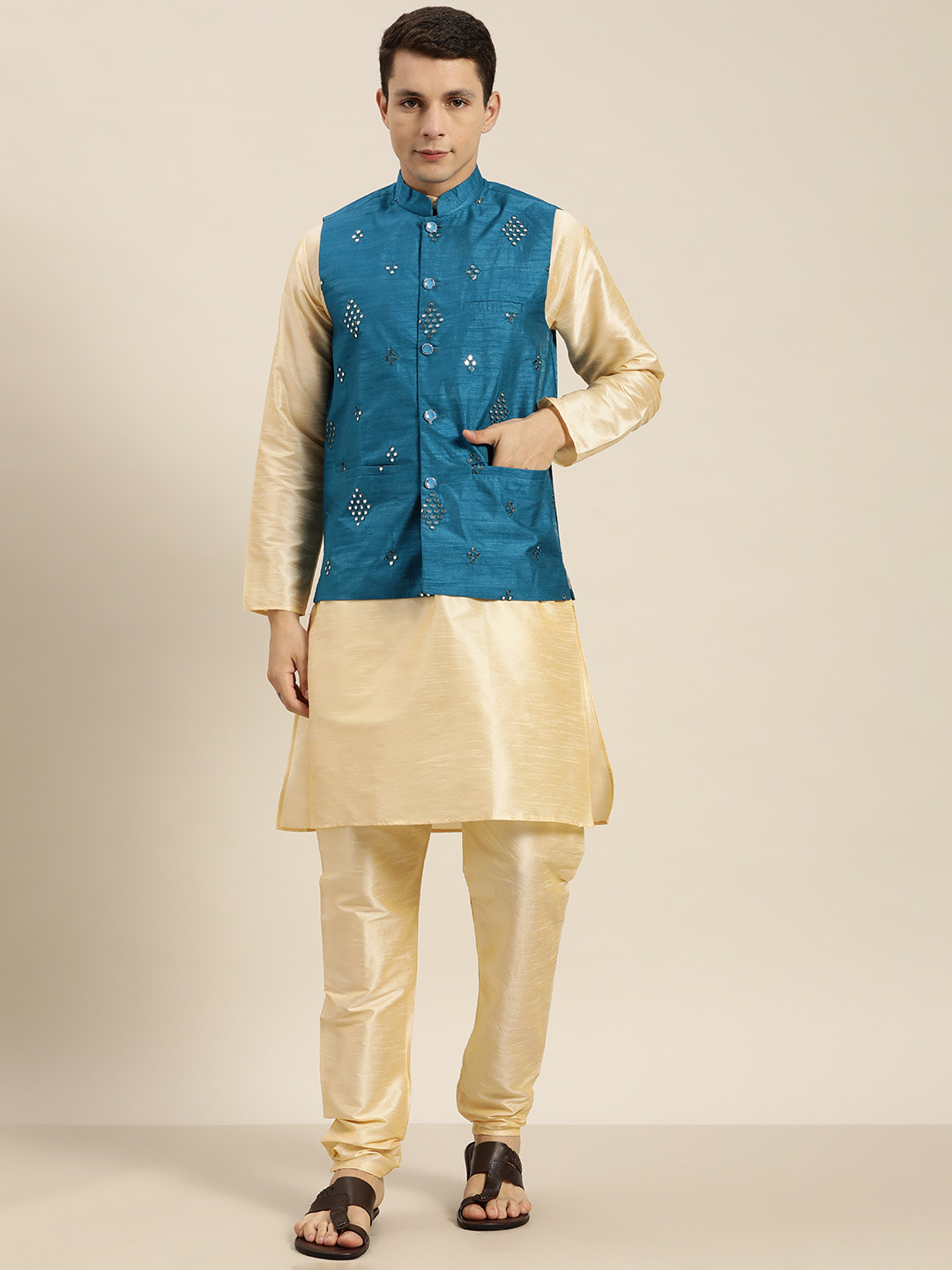 SOJANYA Men Gold-Toned Embroidered Mirror Work Kurta with Churidar
