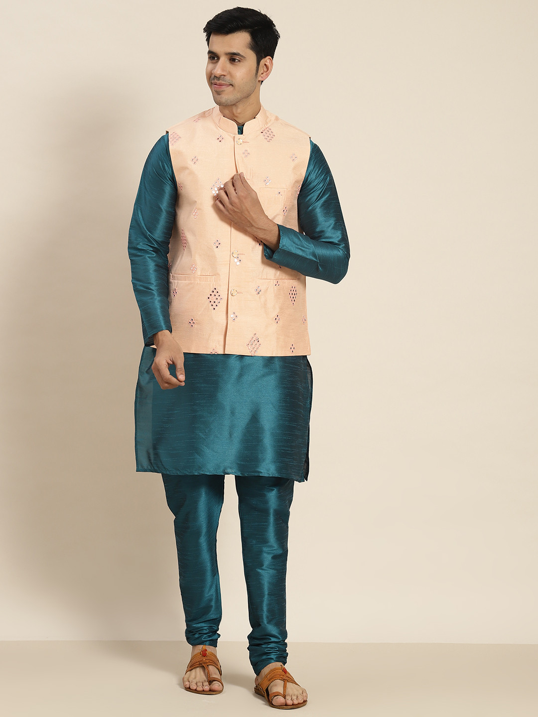 SOJANYA Men Teal Mirror Work Kurta with Churidar