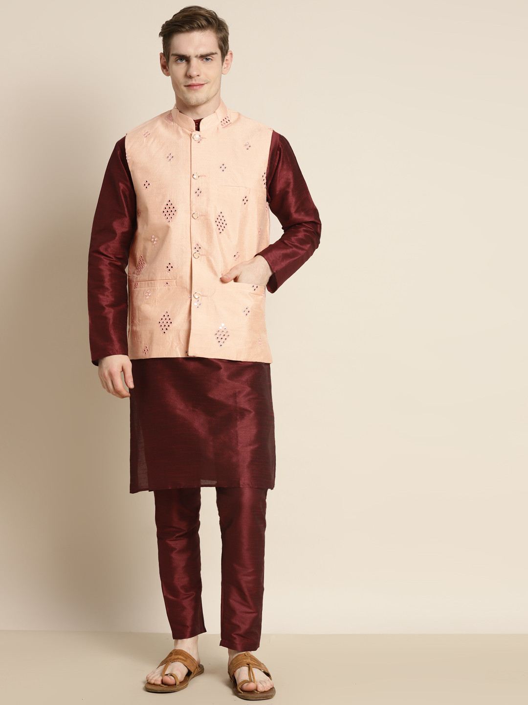 SOJANYA Men Mirror Work Kurta with Churidar