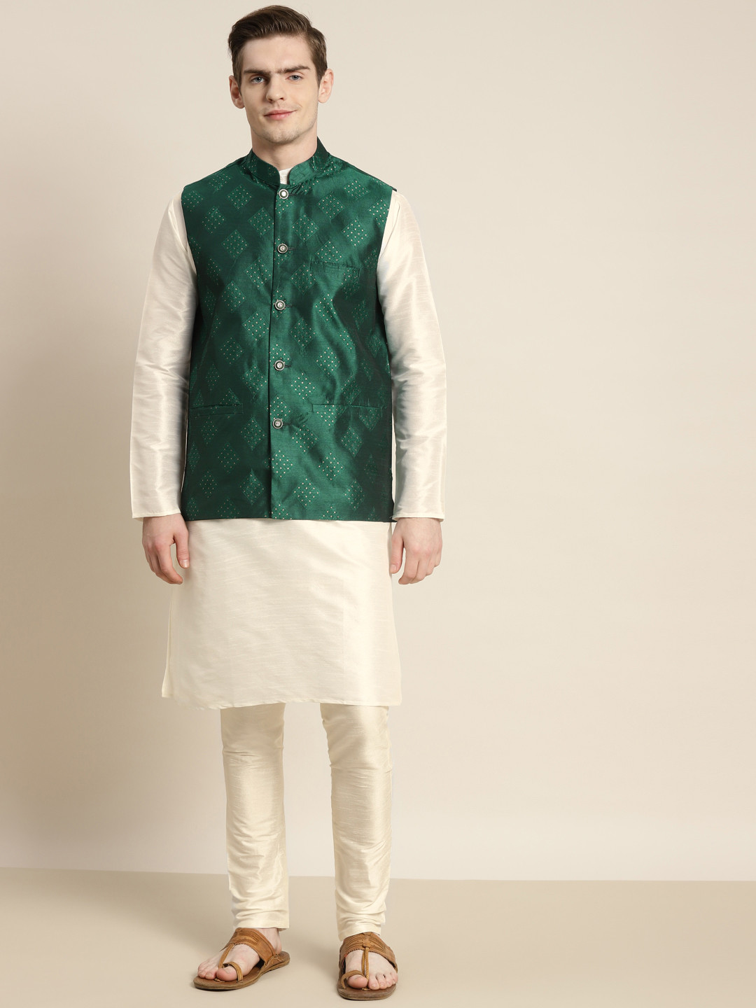 SOJANYA Men Off White Kurta with Churidar