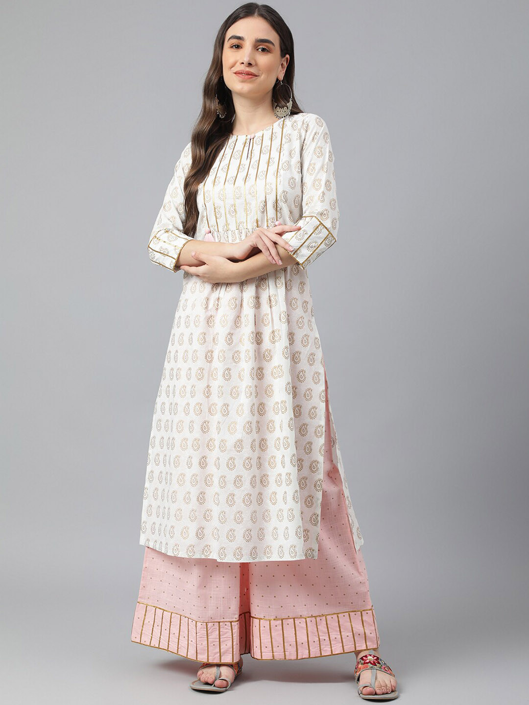 Idalia Women White Paisley Printed Pleated Gotta Patti Kurta with Palazzos