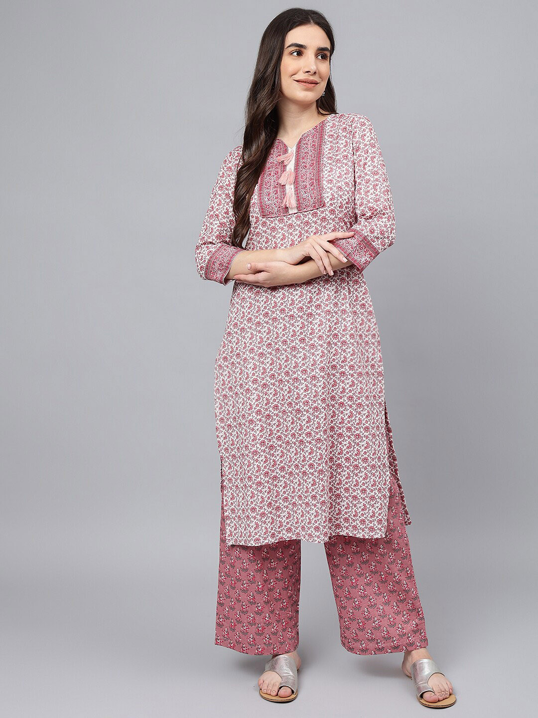 Idalia Women Pink Floral Printed Patchwork Kurta with Palazzos