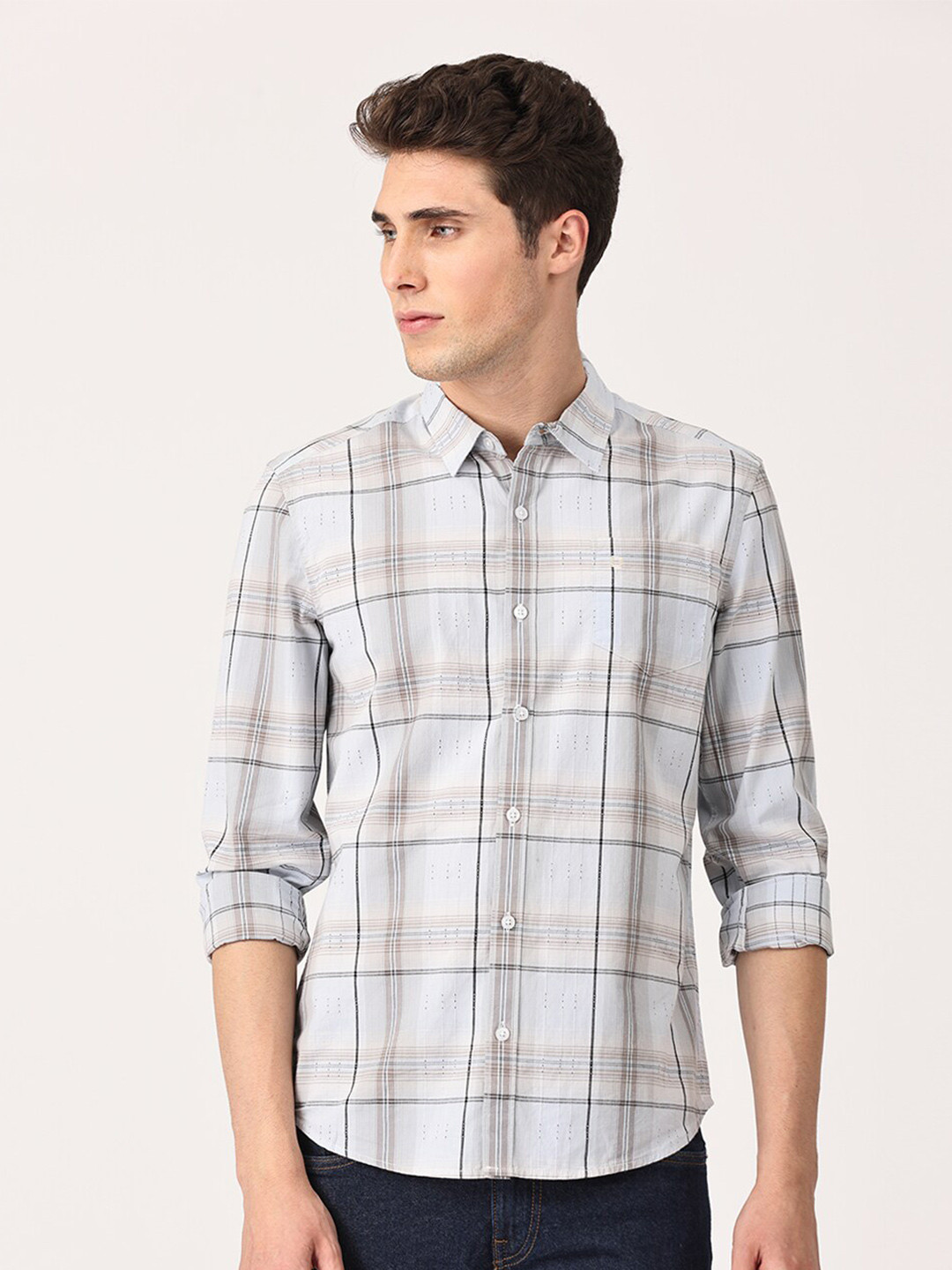 Crosscreek Men Grey Comfort Slim Fit Tartan Checked Pure Cotton Casual Shirt