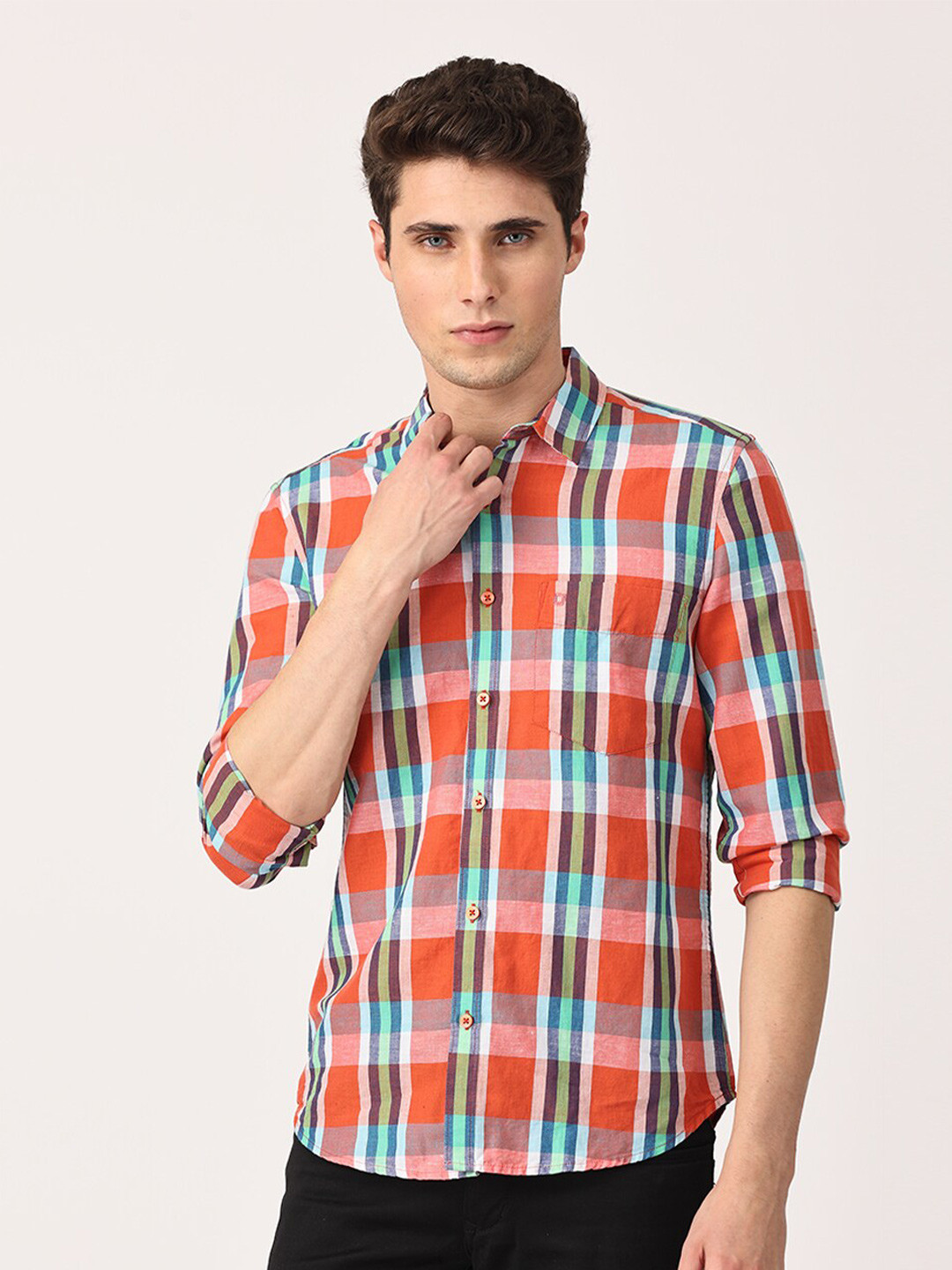 Crosscreek Comfort Slim Fit Tartan Checked Linen Casual Shirt