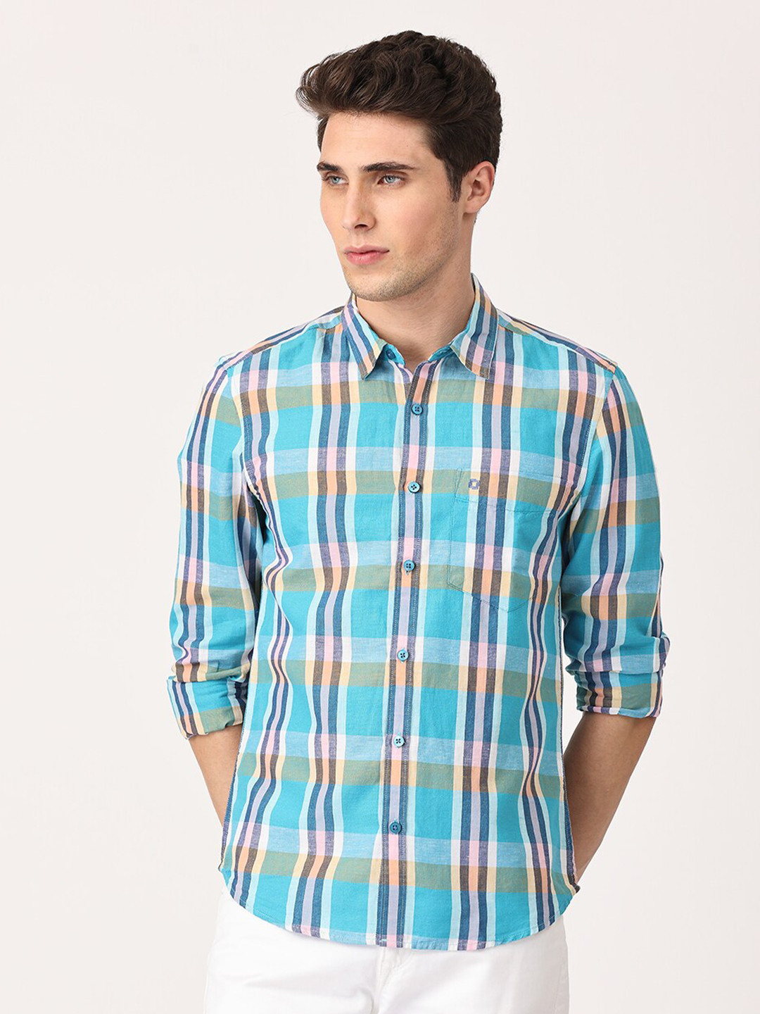 Crosscreek Men Comfort Slim Fit Tartan Checked Linen Casual Shirt