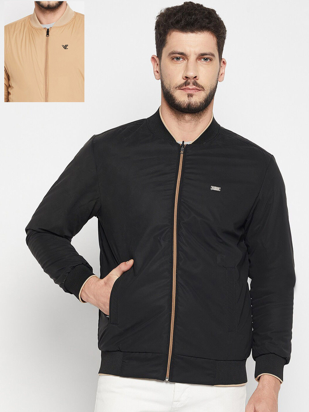 Camey Men Black Reversible Bomber Jacket