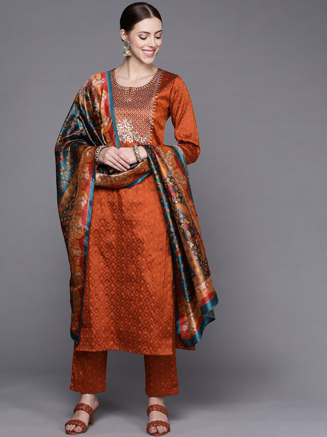 Varanga Women Rust Ethnic Motifs Embroidered Kurta with Trousers & Dupatta