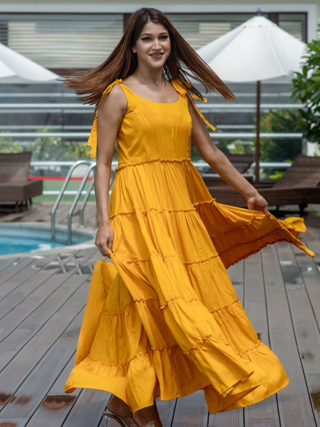 HOUSE OF JAMOTI Women Yellow Cotton Maxi Dress