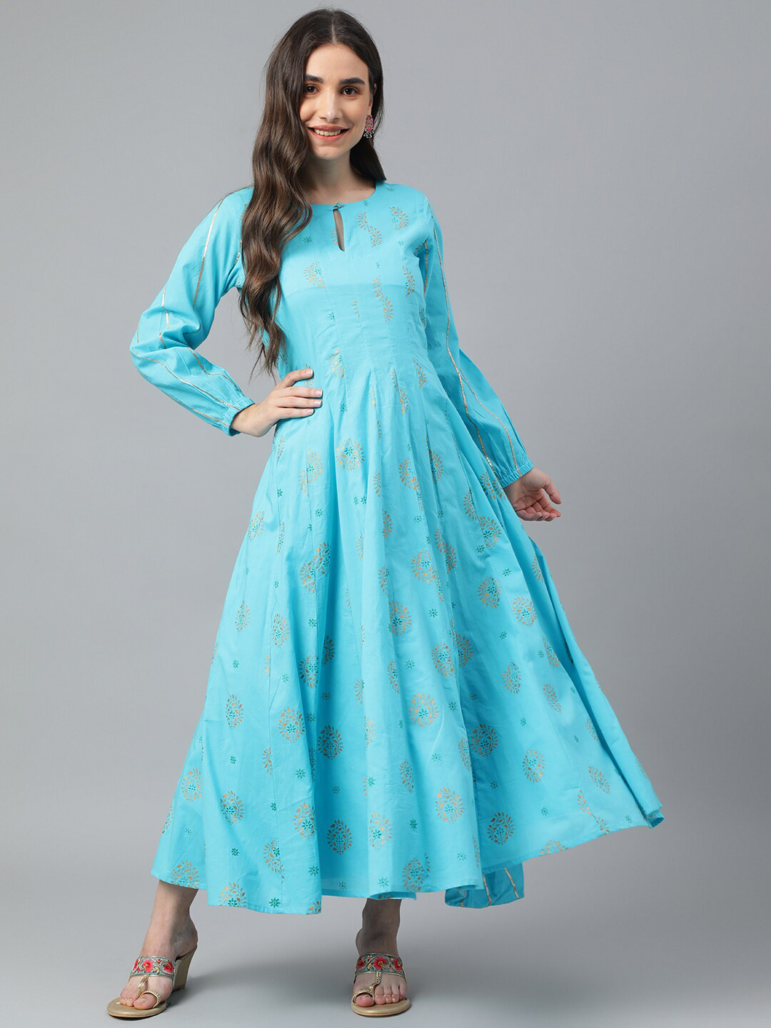 Idalia Ethnic Printed Keyhole Neck Anarkali Pleated Kurta