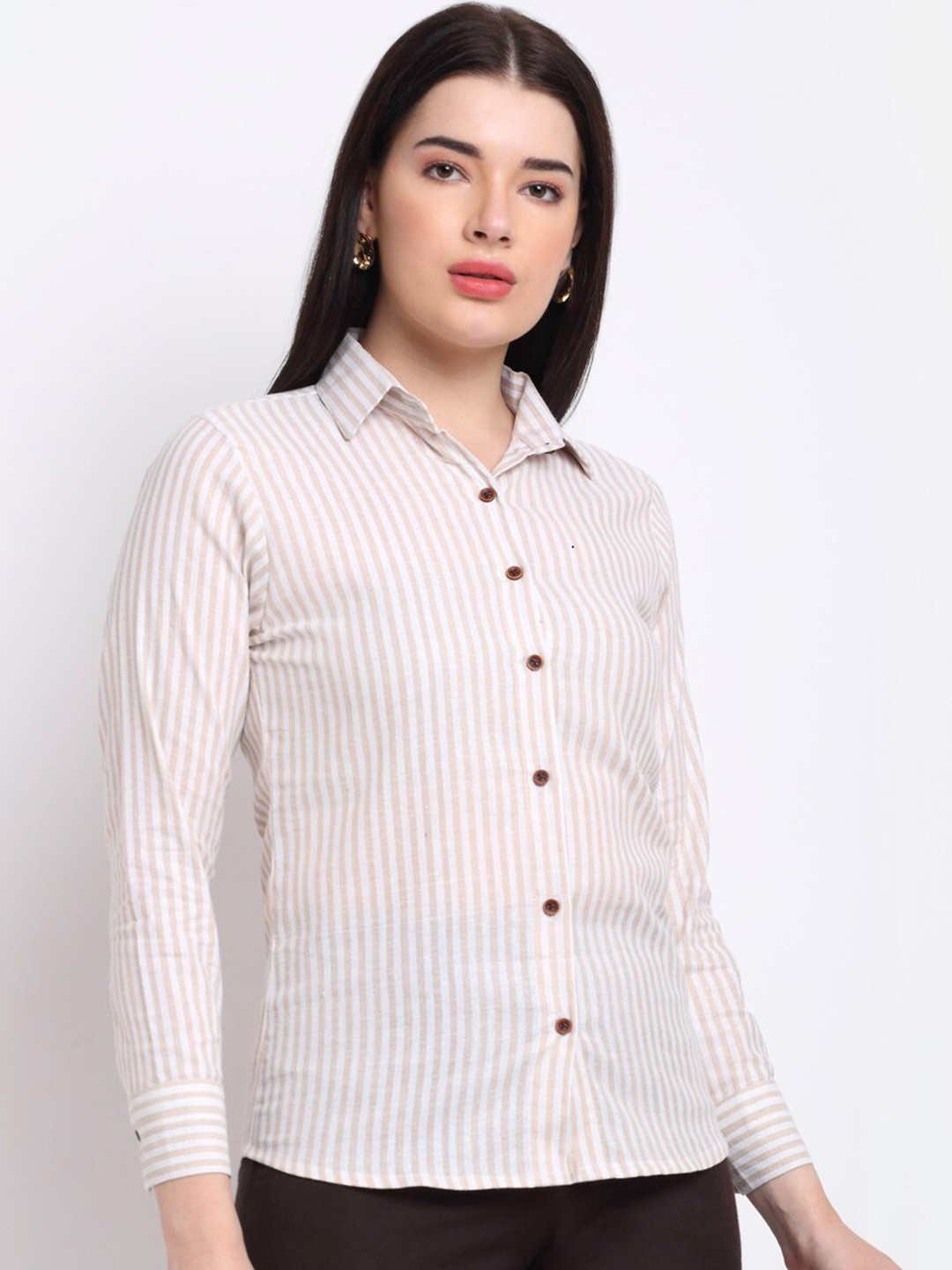 Aarsha Women Beige Striped Pure Cotton Formal Shirt