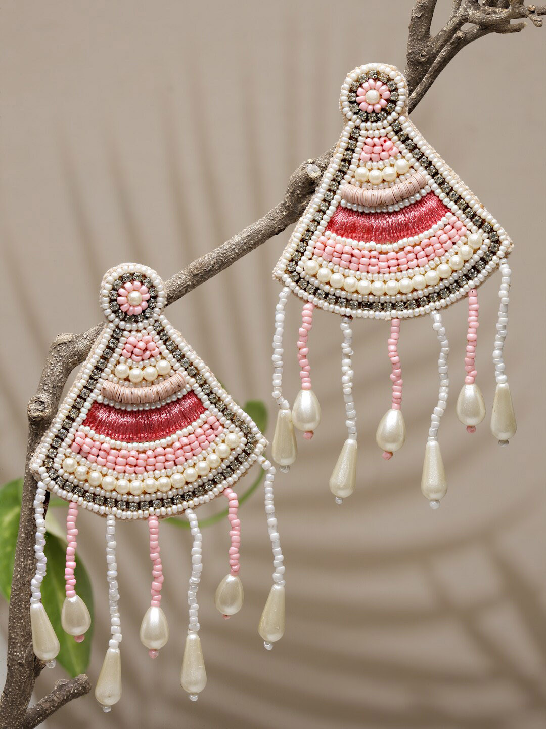 Anekaant Pink & White Triangular Drop Earrings
