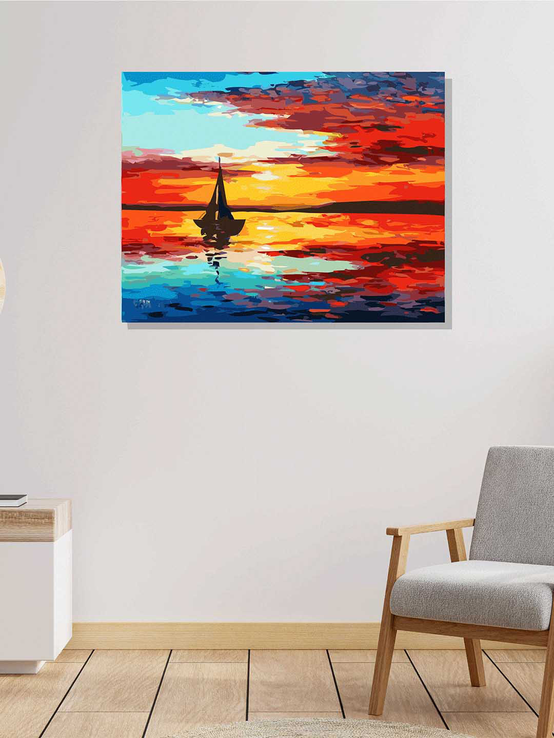 Rangoli Red & Blue Stretched Boat Scenery 400GSM Canvas Painting Wall Art