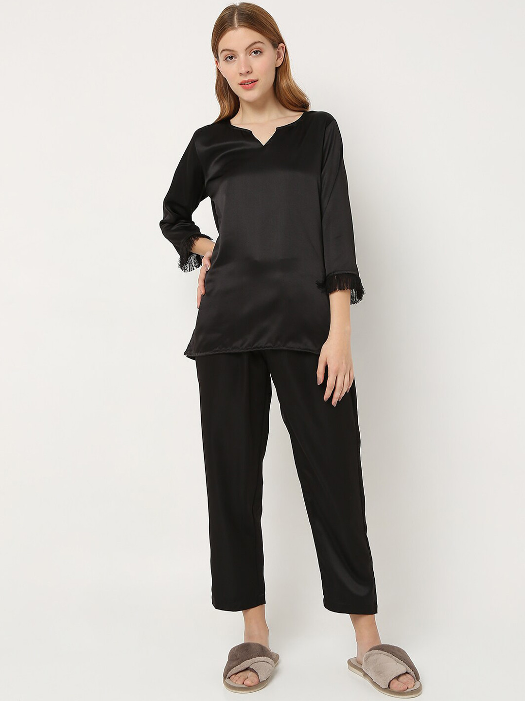 Smarty Pants Women Black Solid Night suit