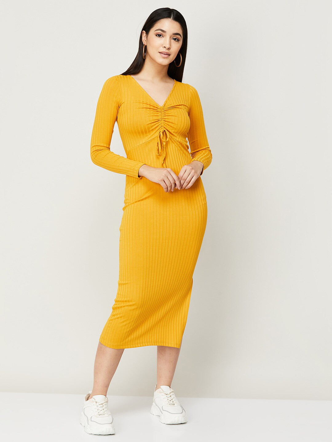 Ginger by Lifestyle Women Mustard Yellow Striped Midi Cotton Dress