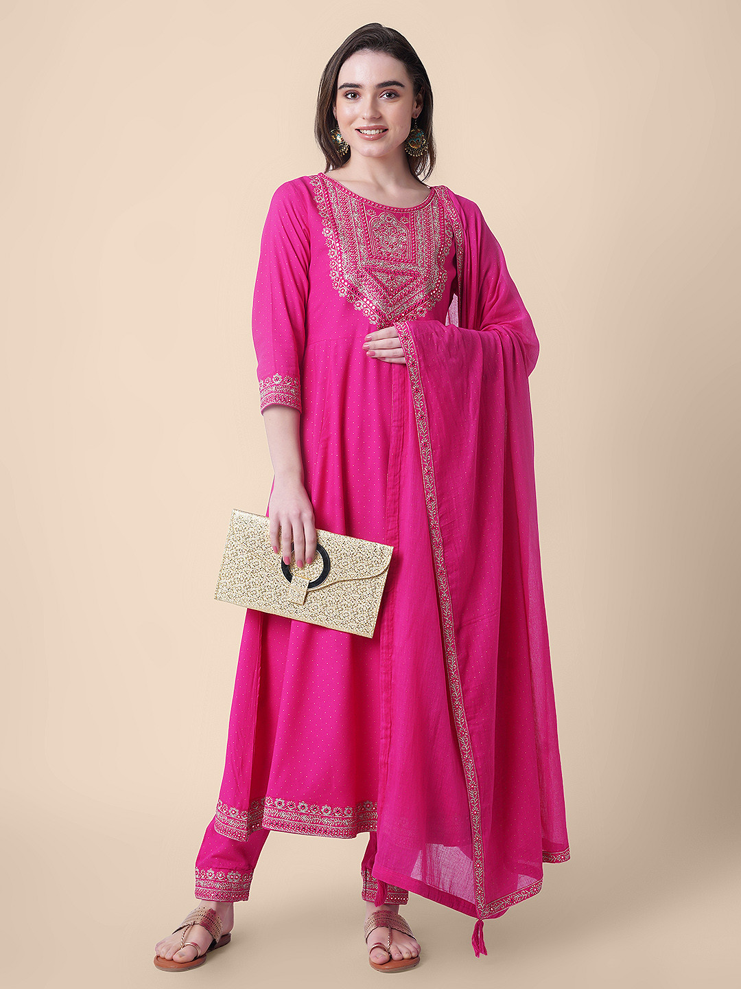 Mollar Women Pink Ethnic Motifs Embroidered Kurta with Trousers & With Dupatta