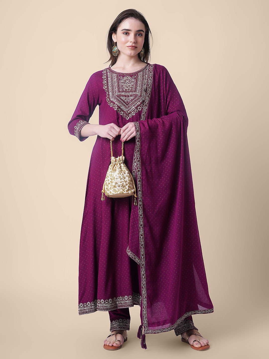 Mollar Women Burgundy Embroidered Mirror Work Kurta with Trousers & With Dupatta