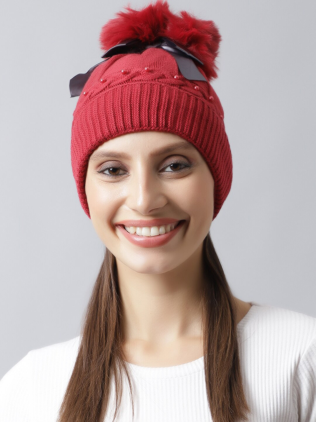 LOOM LEGACY Women Red 7 Black Embellished Acrylic Beanie