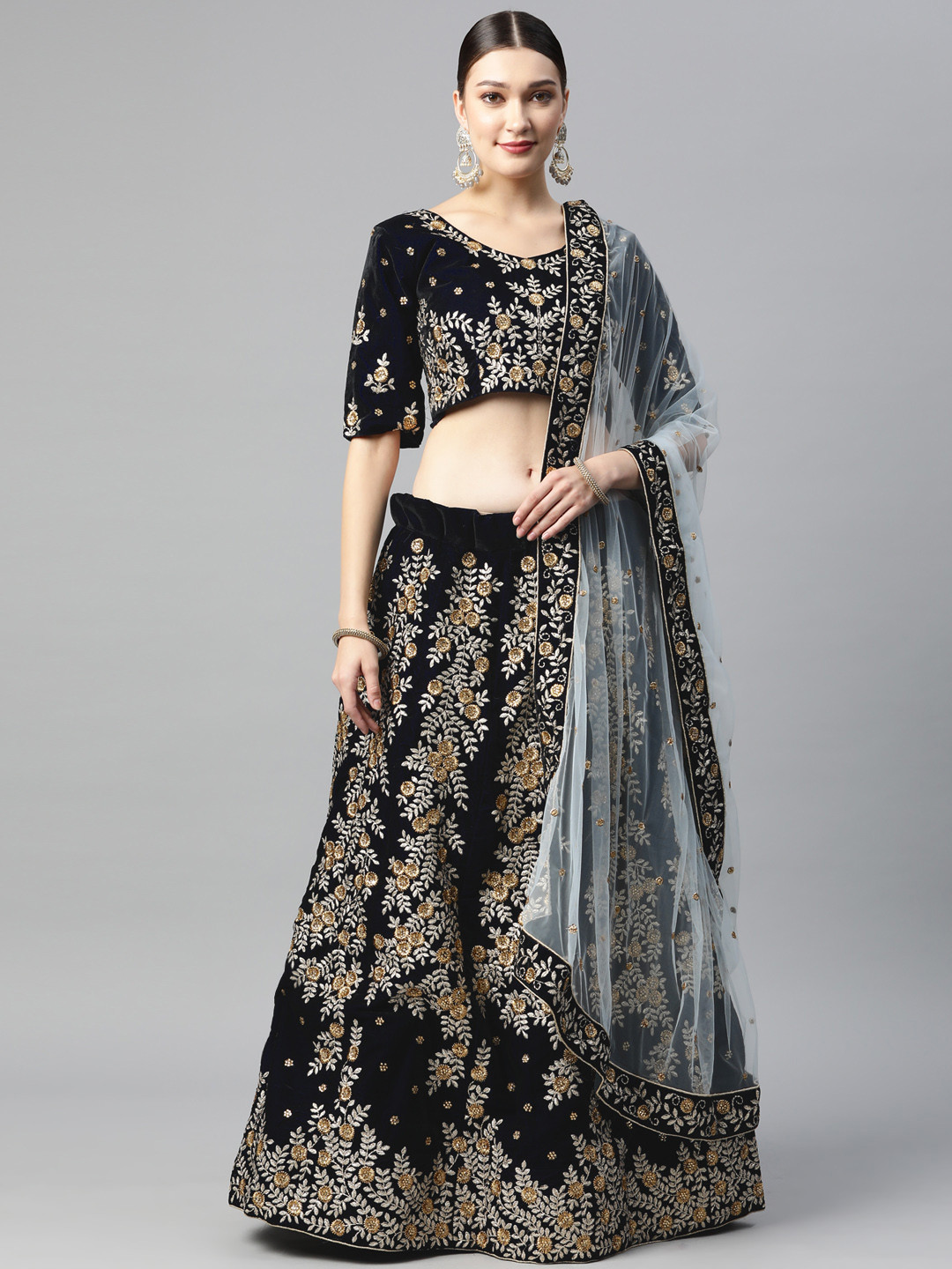 Divine International Trading Co Navy Blue Embroidered Beads & Stones Lehenga Choli Set