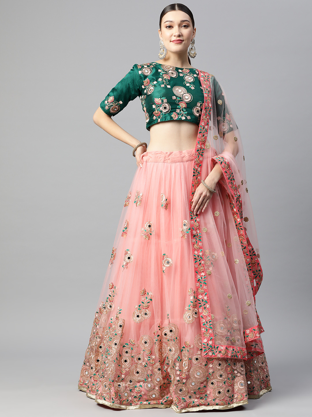 Divine International Trading Co Pink & Green Embroidered Unstitched Lehenga Choli