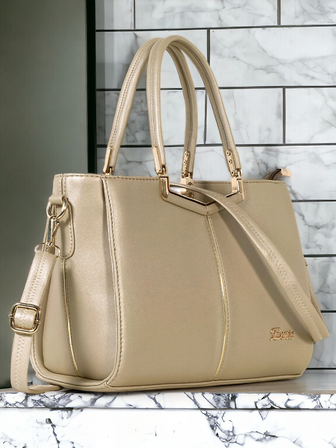 Exotic Gold-Toned PU Structured Shoulder Bag