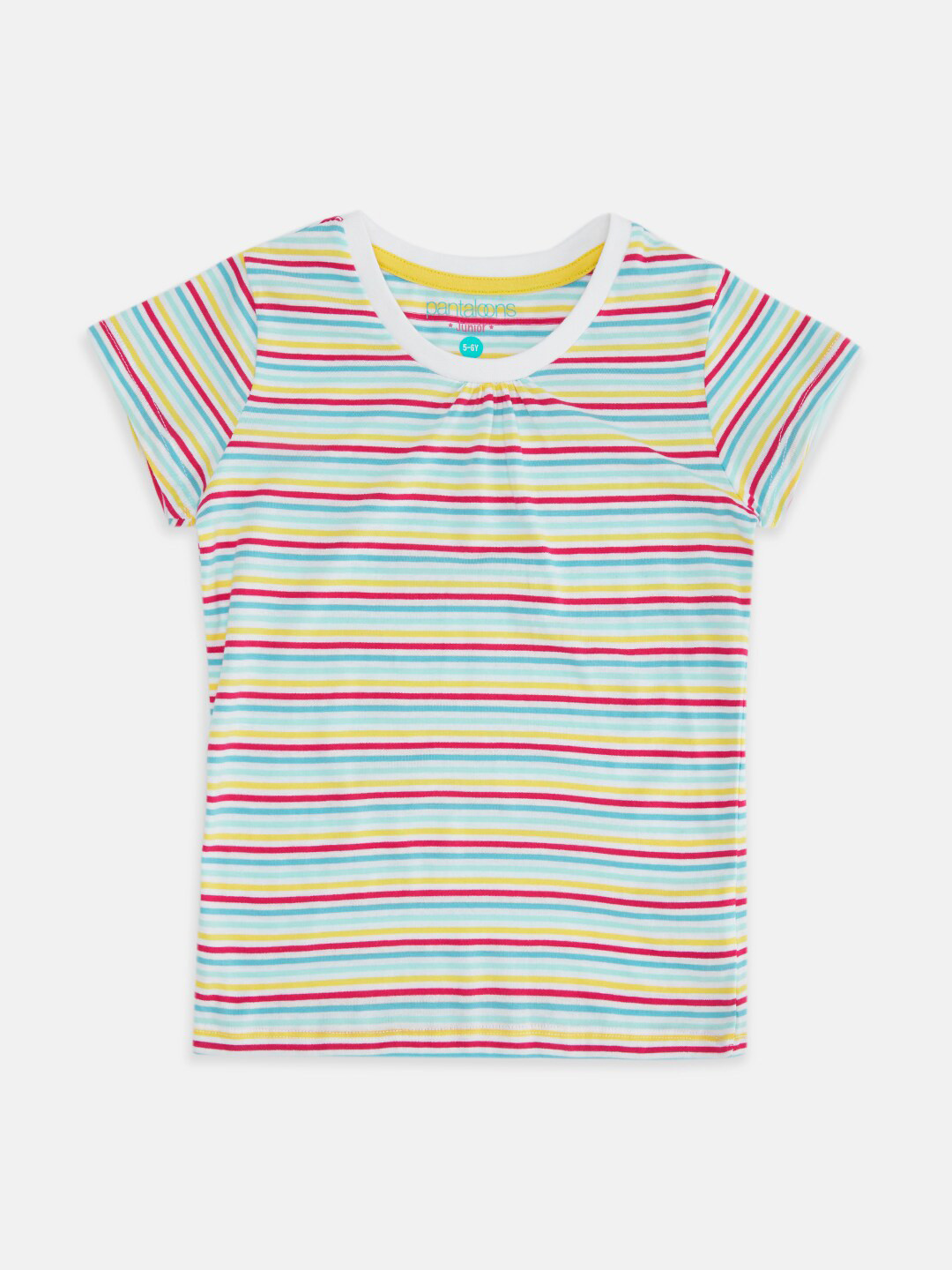 Pantaloons Junior Girls Green & Pink Striped Cotton T-shirt