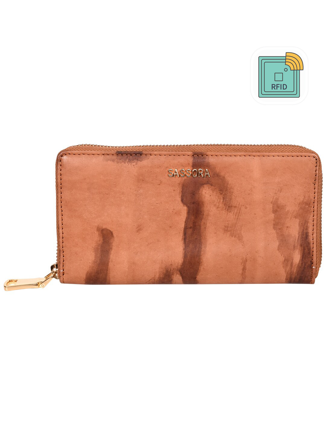 Sassora Women Tan & Brown Abstract Printed Leather Zip Around Wallet