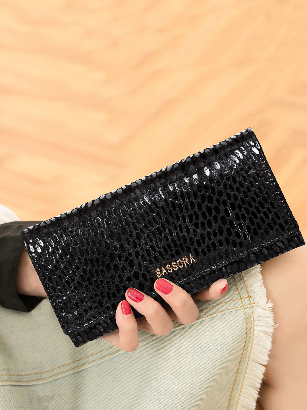 Sassora Women Black Abstract Textured Leather Envelope