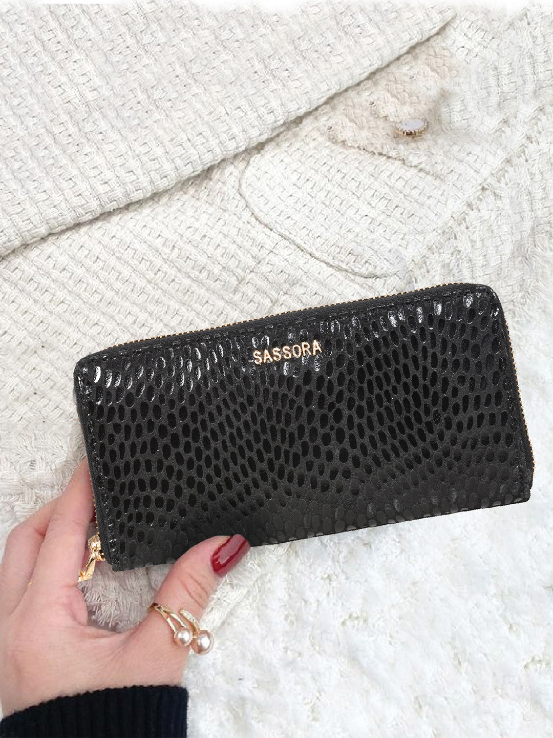 Sassora Women Black Abstract Textured Leather Zip Around Wallet