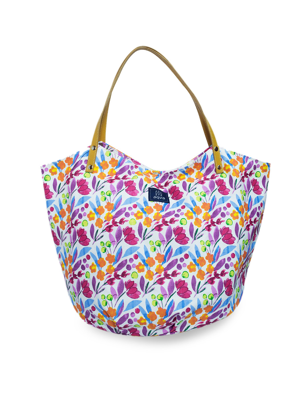 AQVA White & Violet Floral Printed Oversized Cotton Shopper Shoulder Bag
