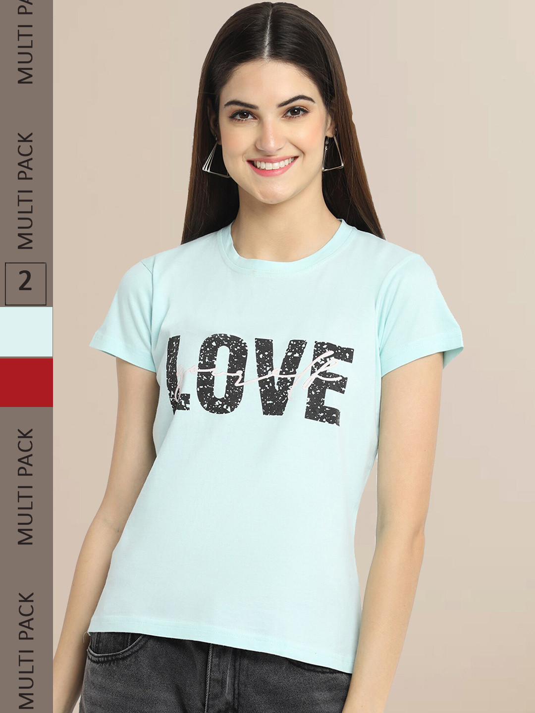 Fabflee Women Pack Of 2 Blue & Red Printed T-shirt