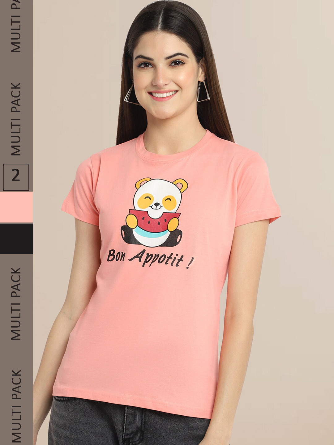 Fabflee Women Pack Of 2 Peach-Coloured & Black Printed T-shirt