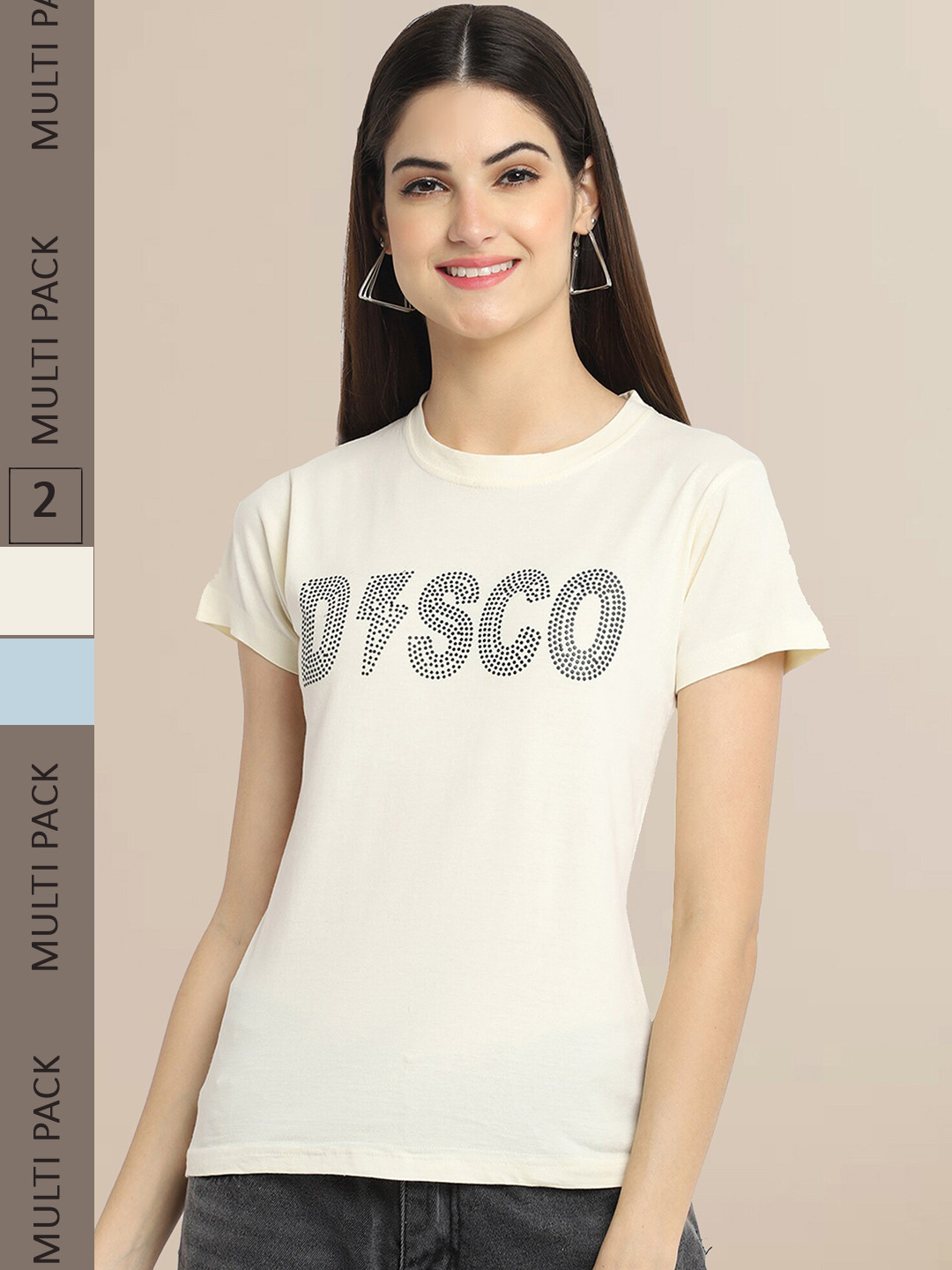 Fabflee Women Pack Of 2 Cream-Coloured & Blue Printed T-shirt
