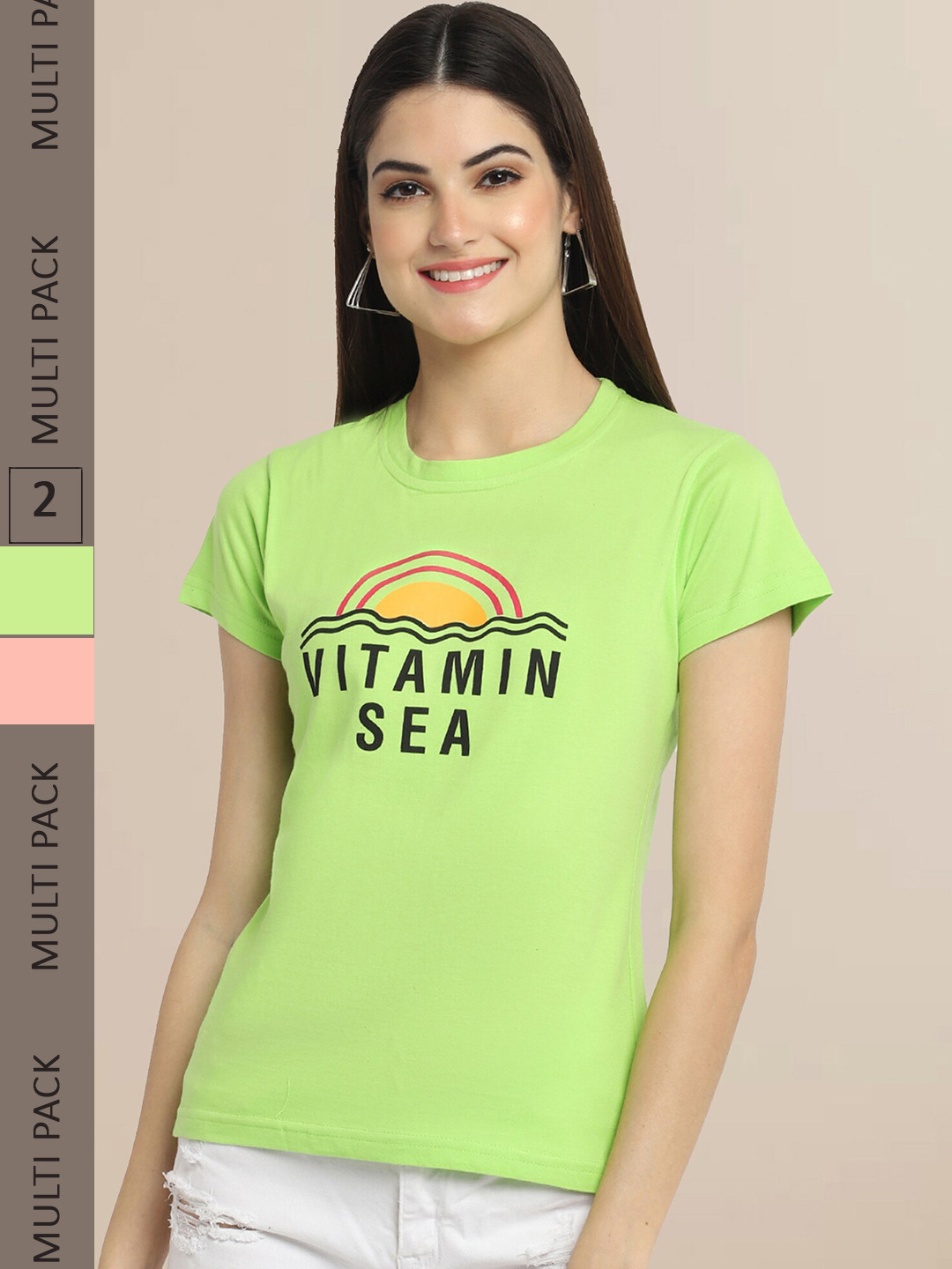 Fabflee Women Pack Of 2 Lime Green & Peach-Coloured Printed T-shirt