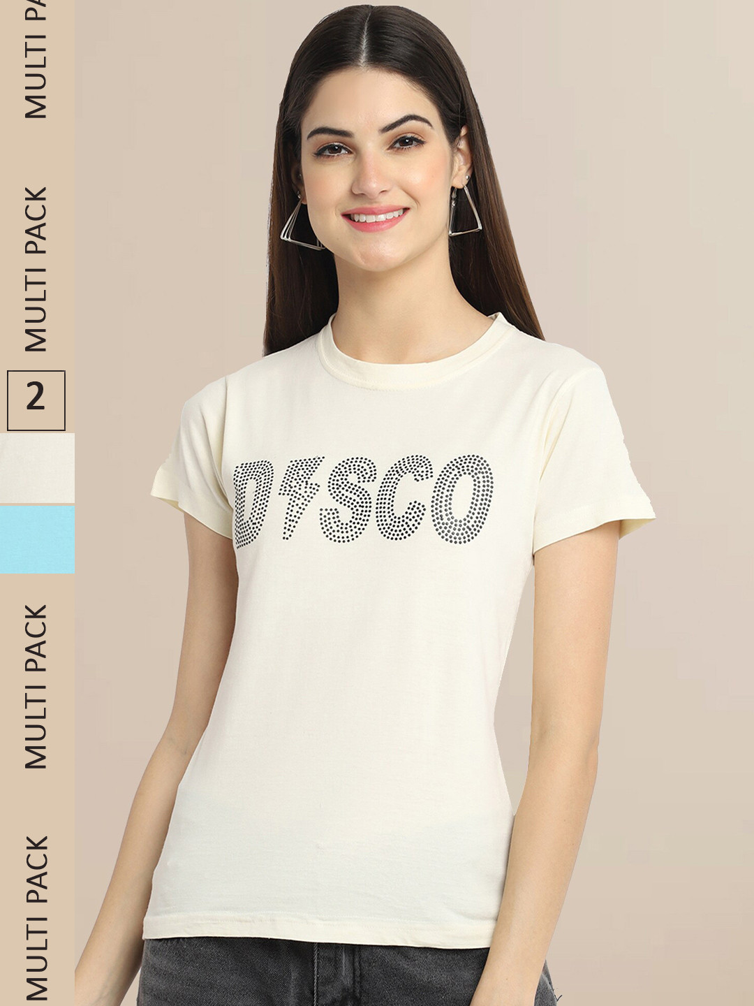 Fabflee Women Pack Of 2 Cream-Coloured & Blue Printed T-shirt