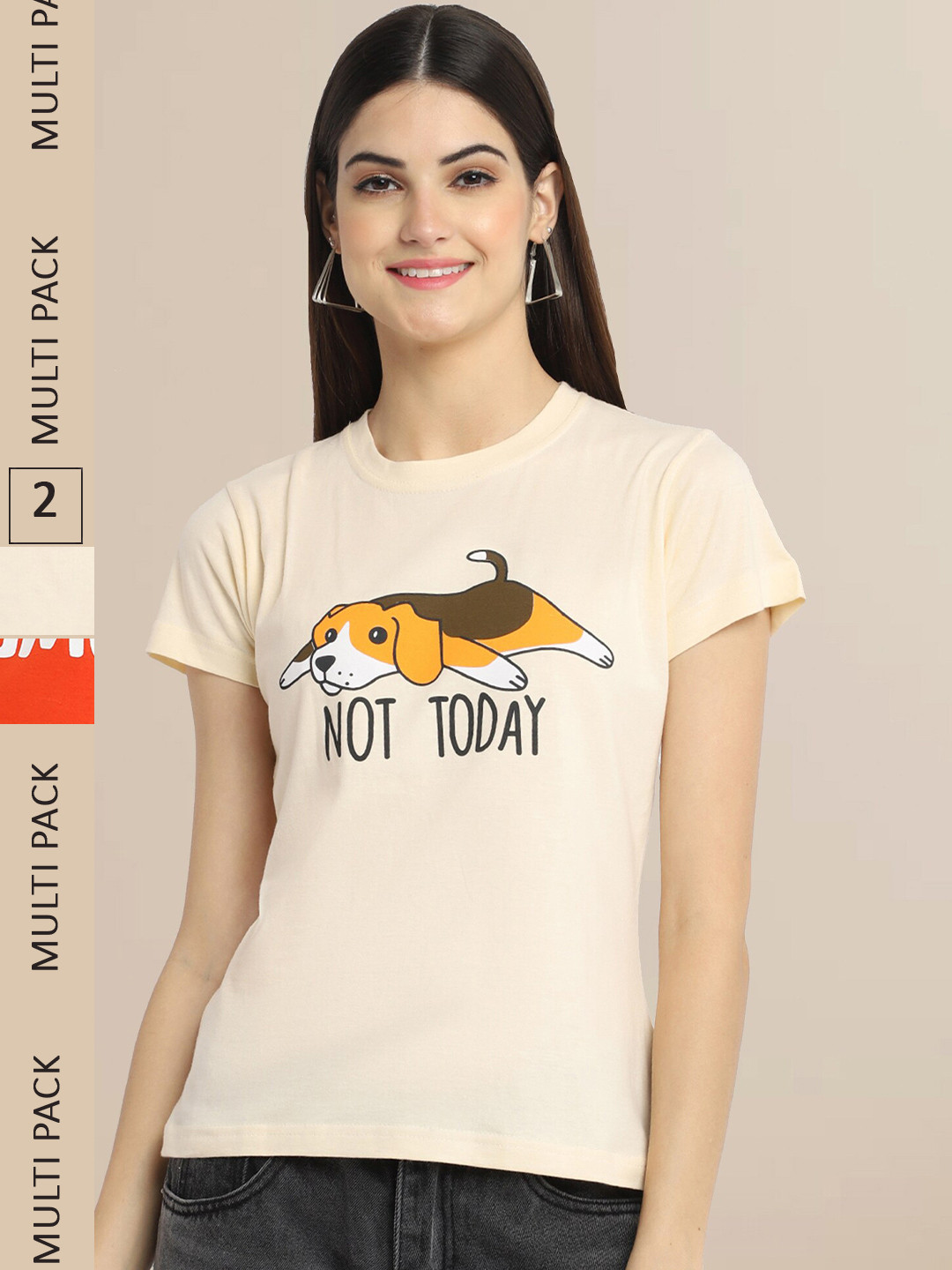 Fabflee Women Off White & Orange Pack Of 2 Printed Cotton T-shirt