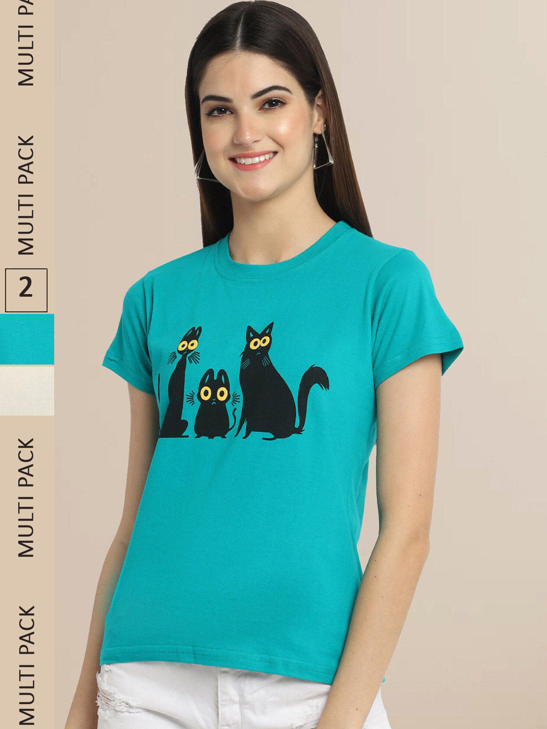 Fabflee Women Turquoise Blue & Off White Pack Of 2 Printed Cotton T-shirt