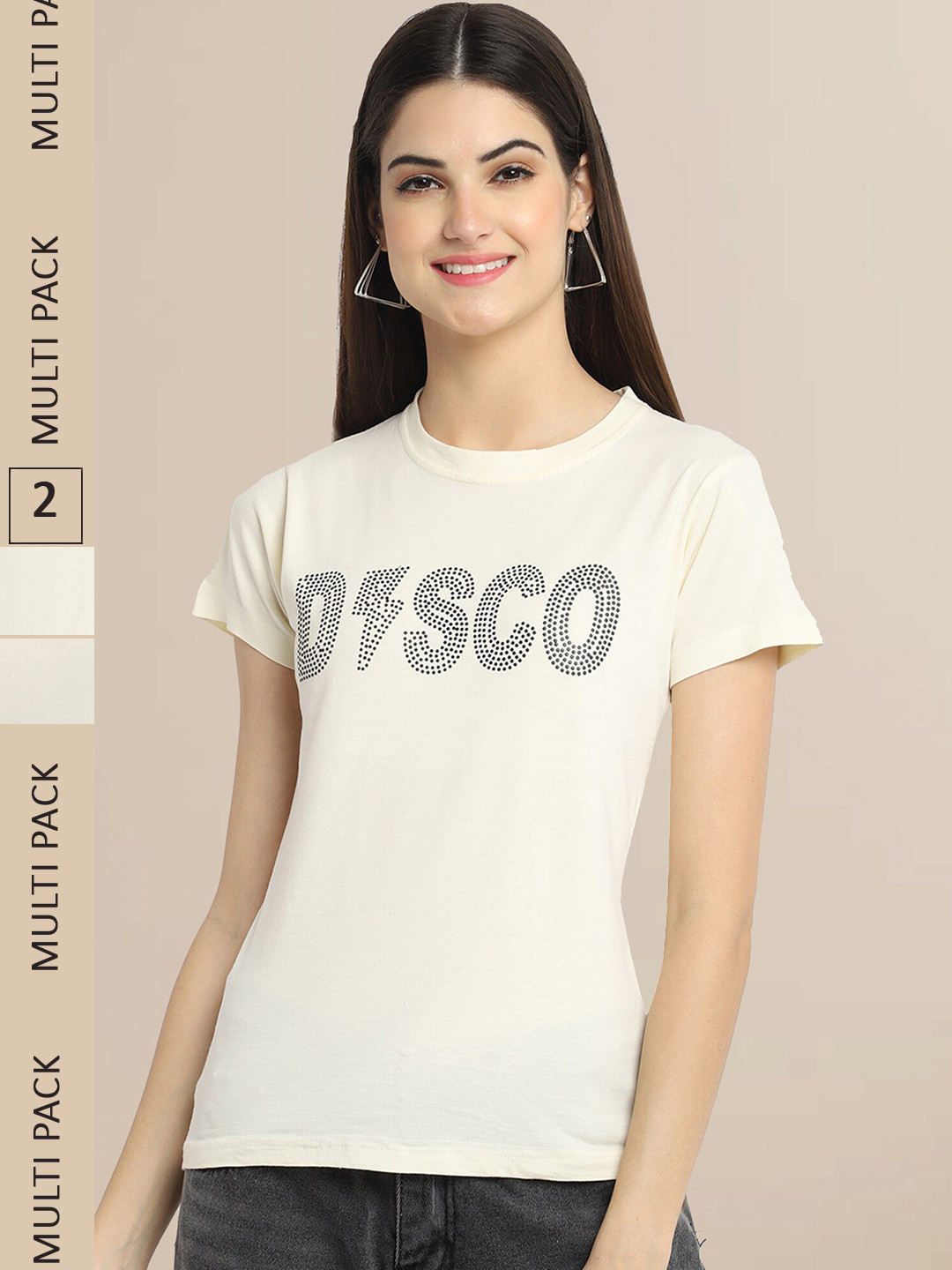 Fabflee Women Off White & Cream-Coloured Typography Pack Of 2 Printed Cotton T-shirt