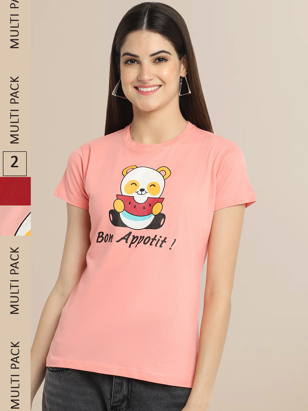 Fabflee Women Peach-Coloured & Red Pack Of 2 Typography Printed Cotton T-shirt