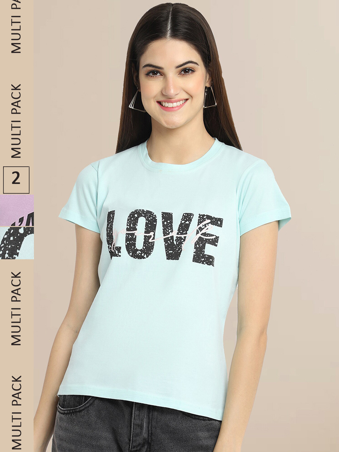 Fabflee Women Blue & Purple Pack of 2 Typography Printed Cotton T-shirts