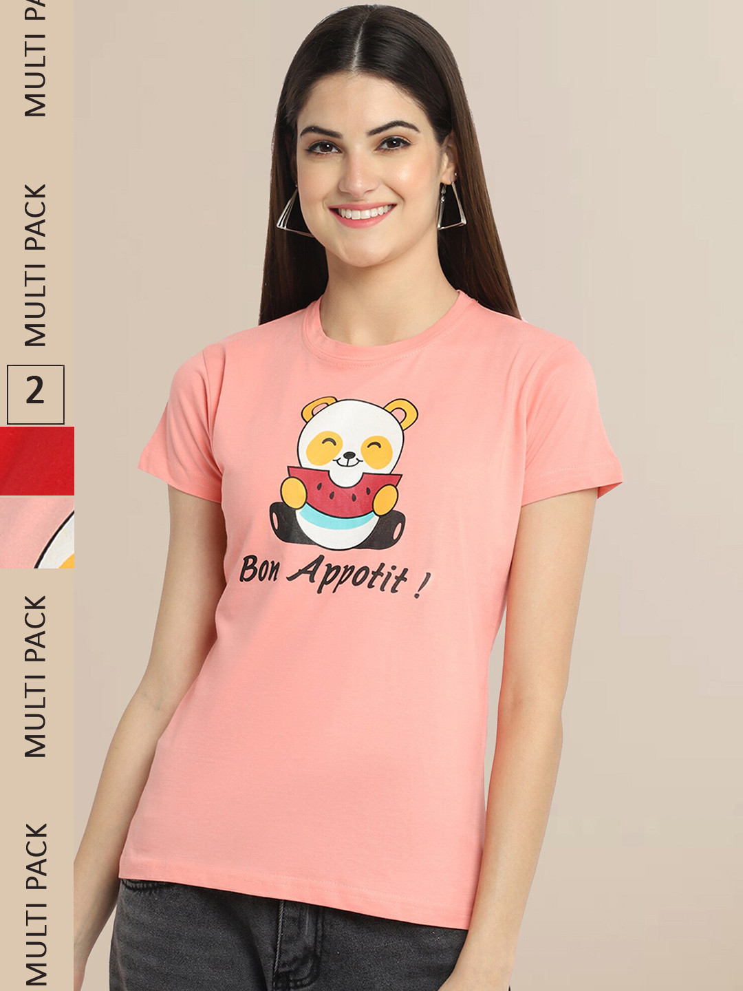 Fabflee Women Peach-Coloured & Red Pack of 2 Typography Printed Cotton T-shirts