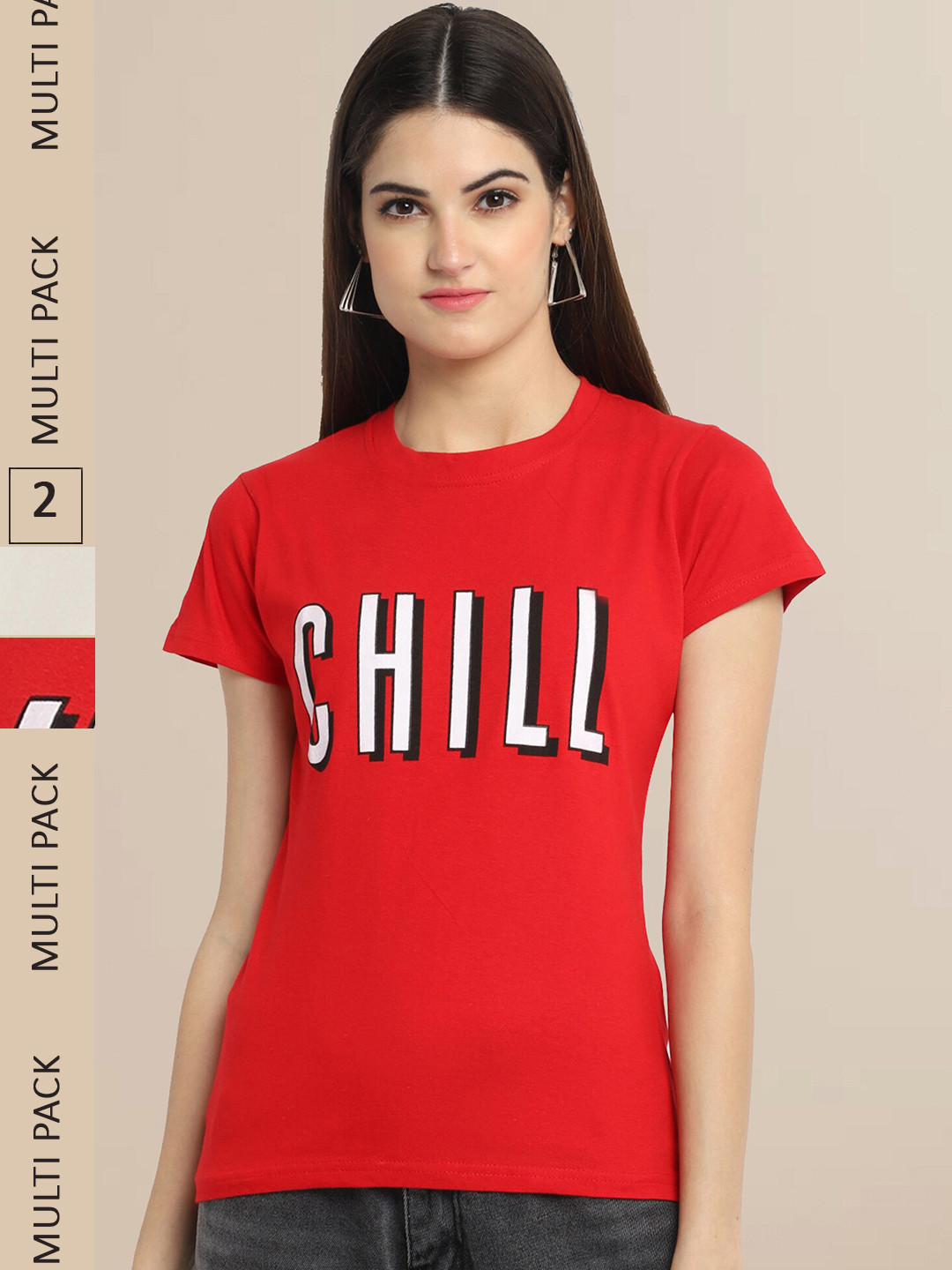 Fabflee Women Red & Cream-Coloured Pack of 2 Typography Printed Cotton T-shirts