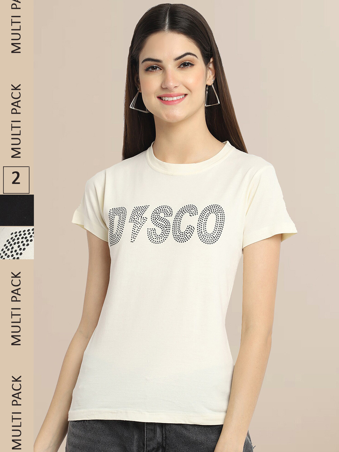 Fabflee Women Cream-Coloured & Black Pack of 2 Typography Printed Cotton T-shirts