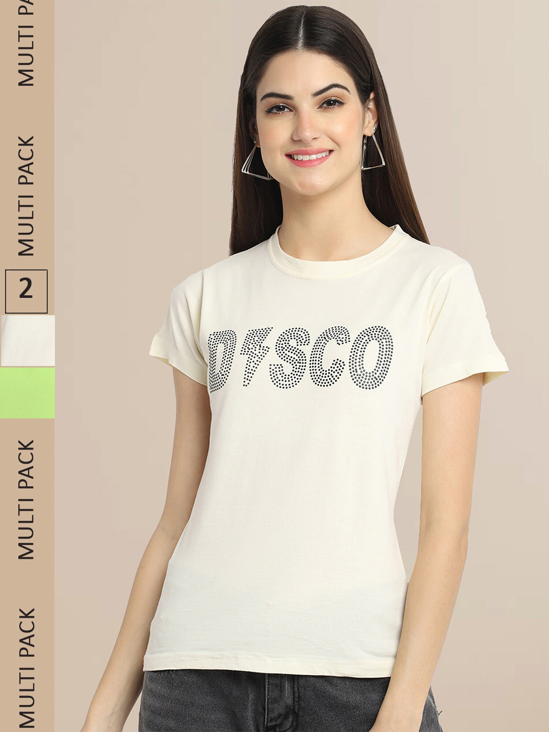 Fabflee Women Off White & Green Pack of 2 Typography Printed Cotton T-shirts