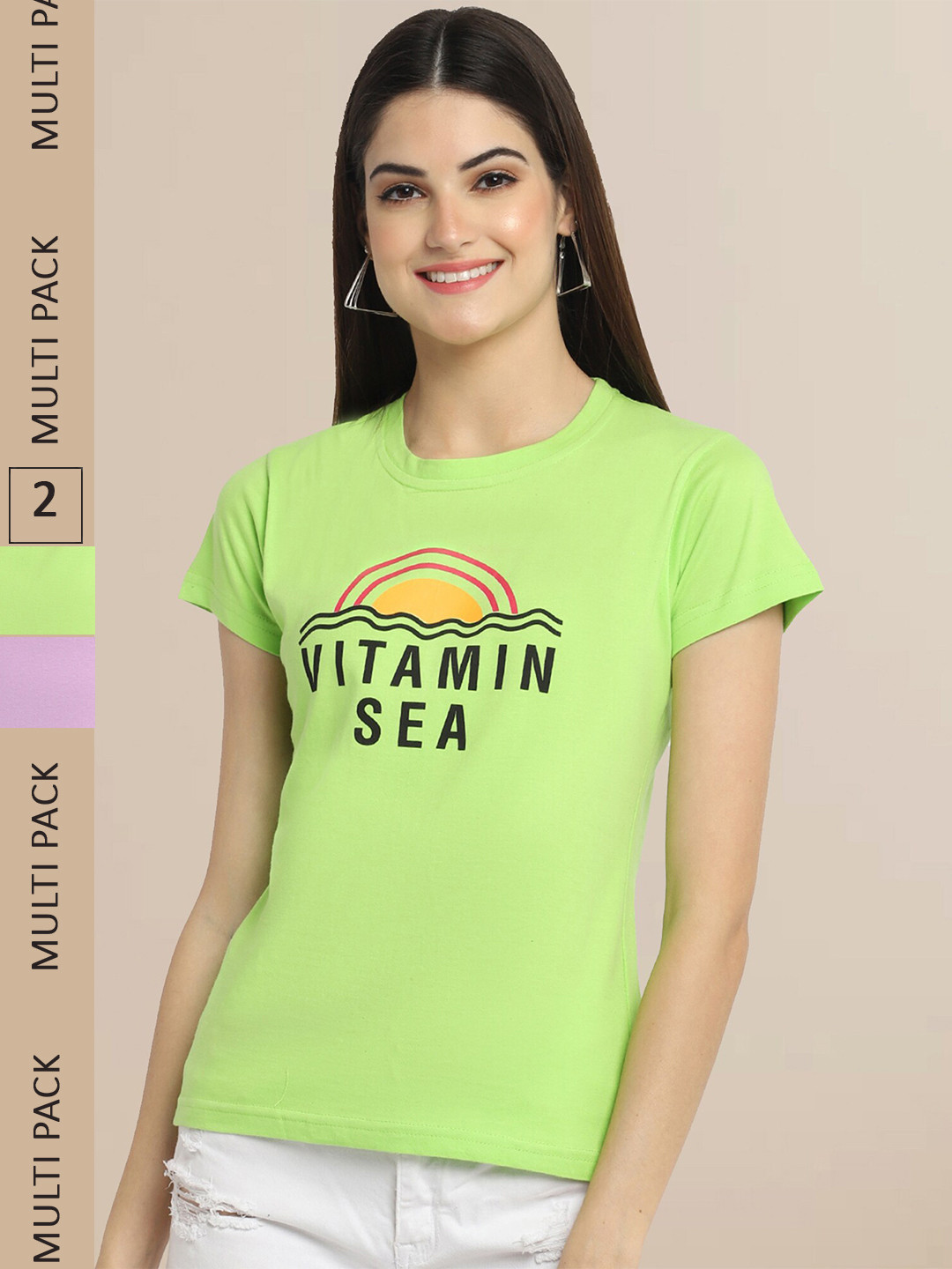 Fabflee Women Green & Purple Pack of 2 Typography Printed Cotton T-shirts