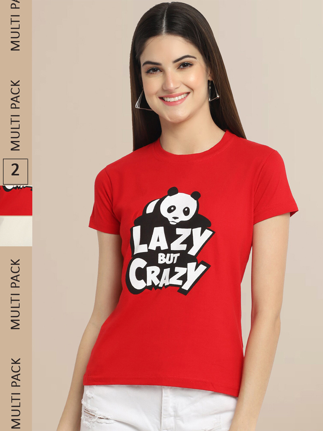 Fabflee Women Red & Off White Pack of 2 Typography Printed Cotton T-shirts