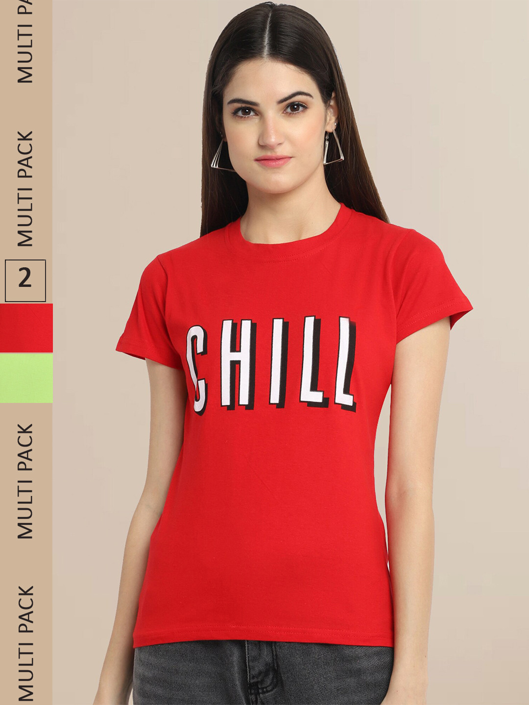 Fabflee Women Pack Of 2 Red & Lime Green Typography Printed Cotton T-shirt