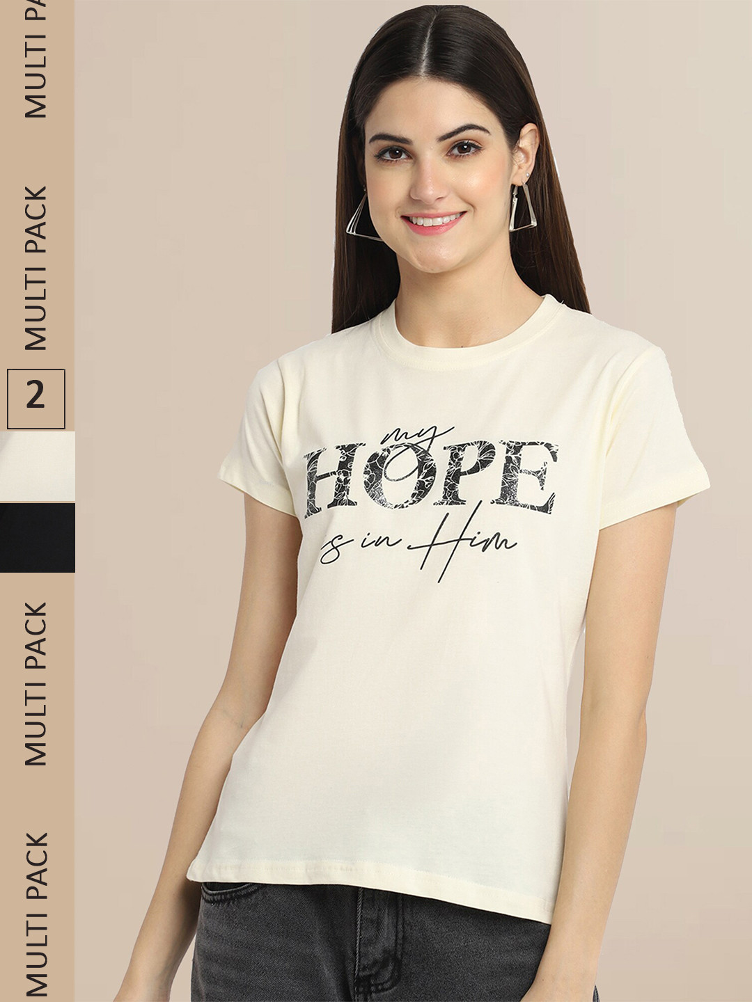 Fabflee Women Pack Of 2 Off White & Black Printed Cotton T-shirt