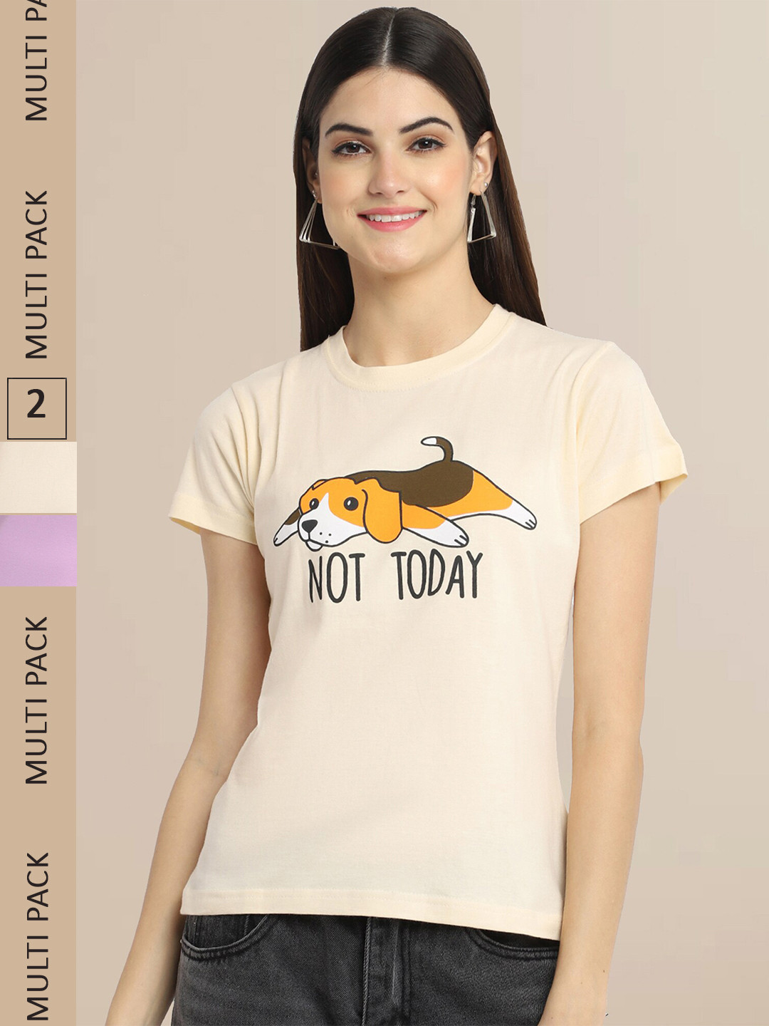 Fabflee Women Pack Of 2 Off White & Lavender Printed Cotton T-shirt