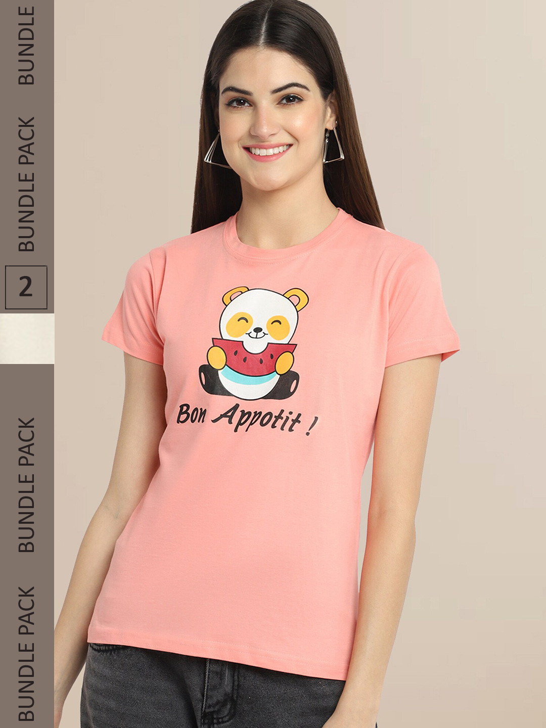Fabflee Women Pack Of 2 Peach & Off White  Printed Cotton T-shirt